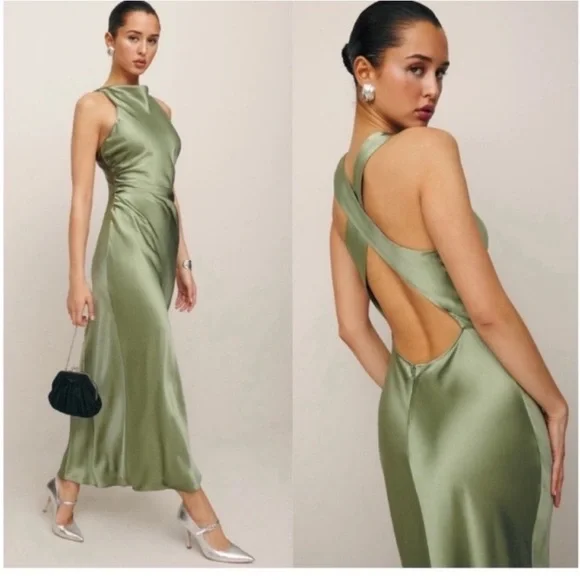 Reformation Casette Silk Dress in Artichoke 6 - Picture 1 of 13